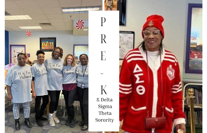   Pre-K teachers smiling together. Member of Delta Sigma Theta Sorority wearing her cardigan